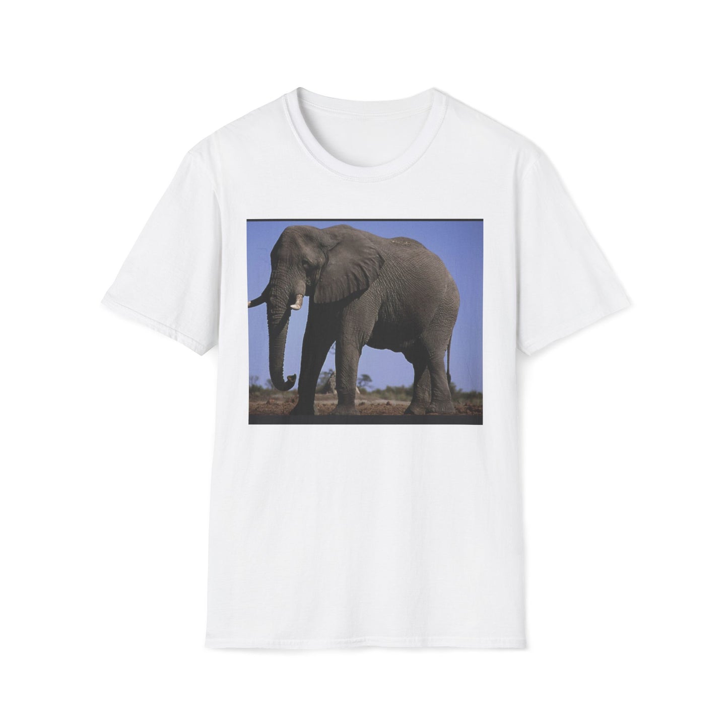 White t-shirt with an elephant graphic on a white background