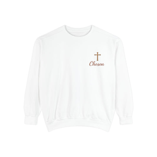 White sweatshirt with a cross and 'Chosen' text on a white background