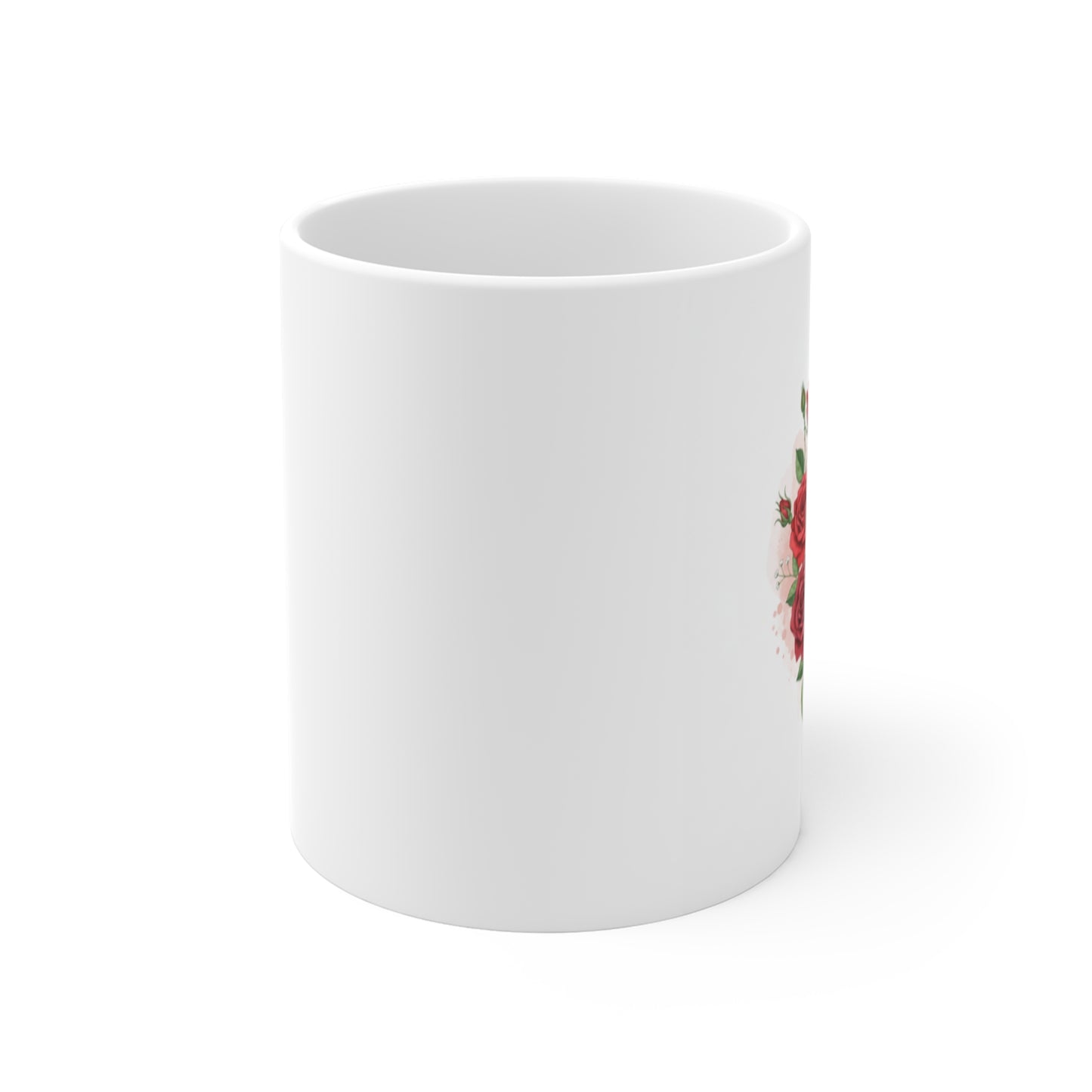 White mug with a floral design on a white background