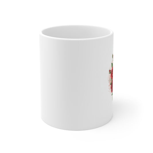 White mug with a floral design on a white background
