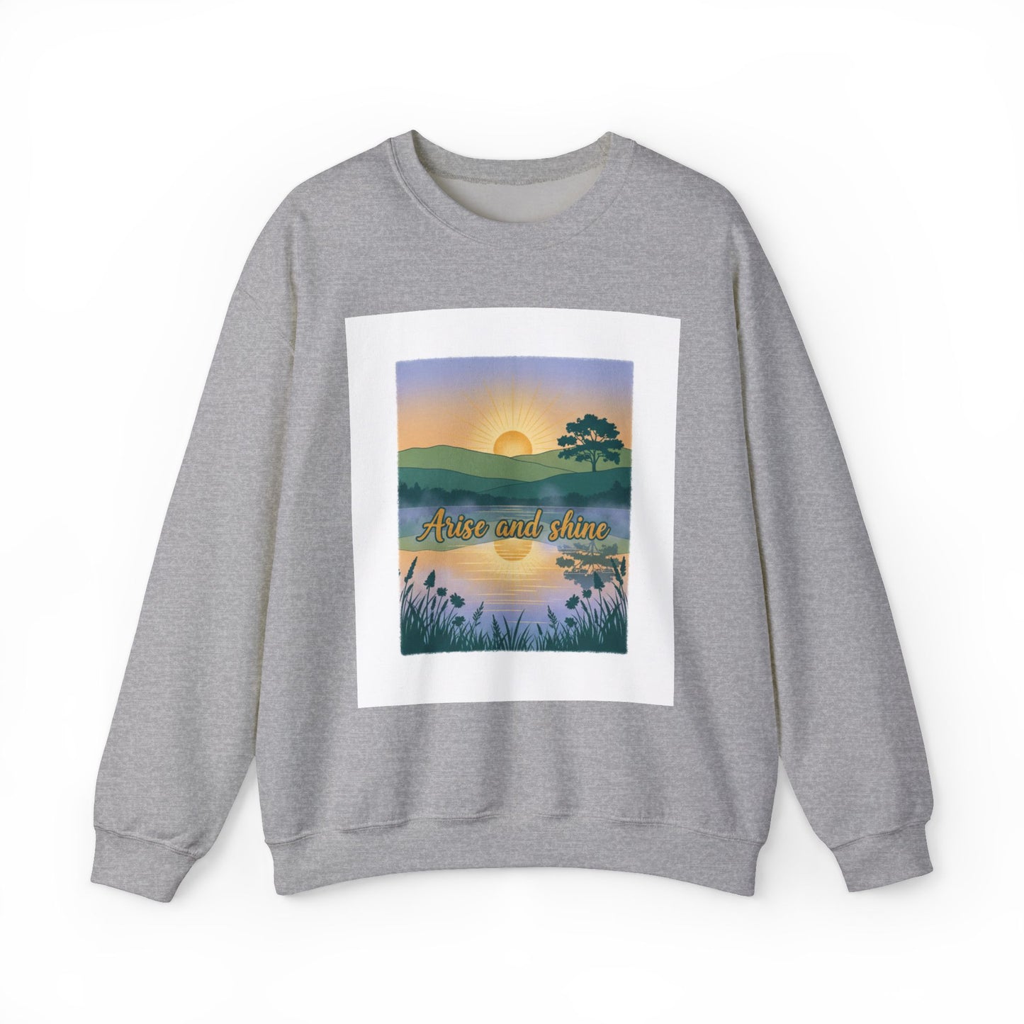 Crewneck Sweatshirt – "Arise and Shine" Sunrise Lake Graphic