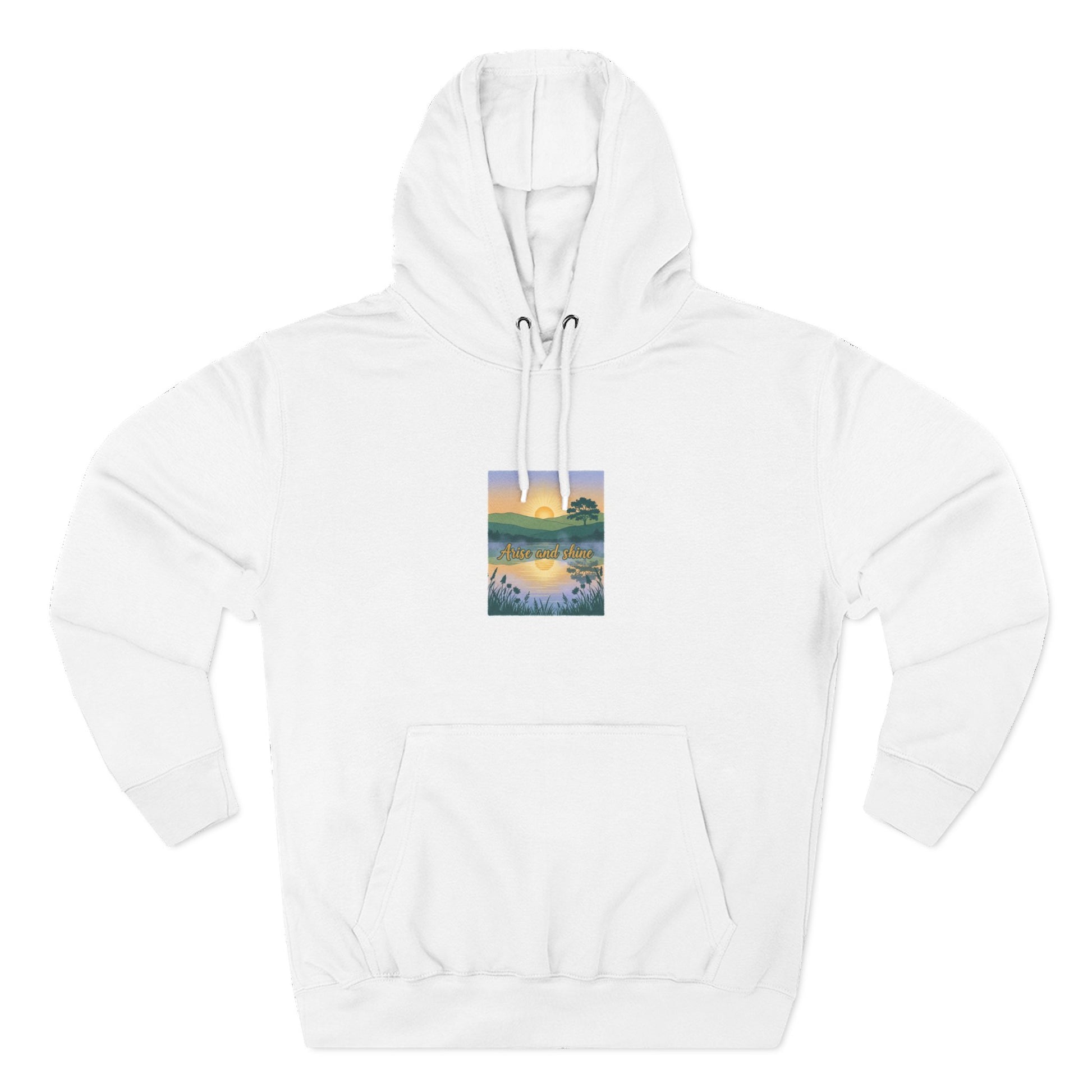 White hoodie with a small graphic on the chest against a white background-Arise and Shine.