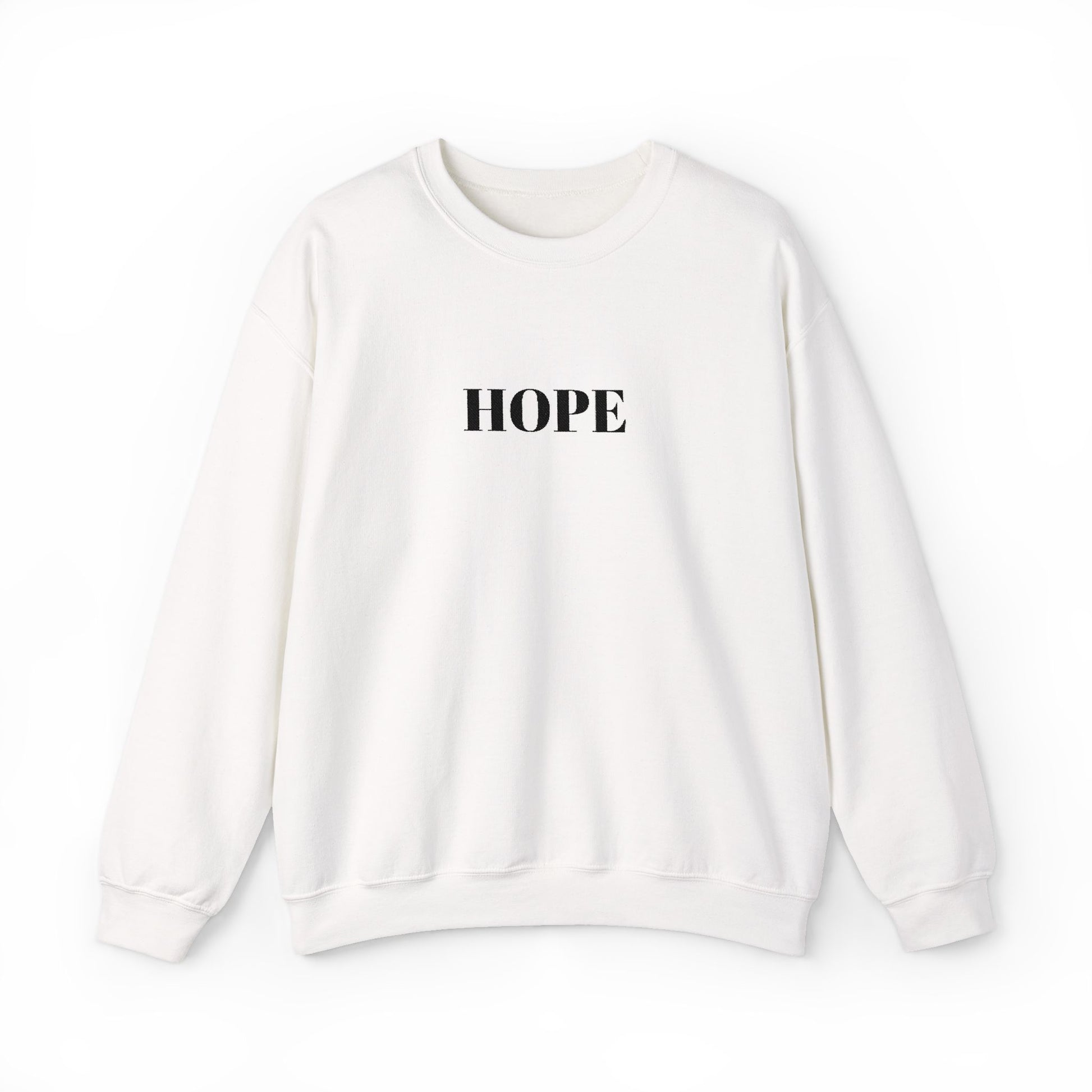 White sweatshirt with 'HOPE' printed on it against a white background