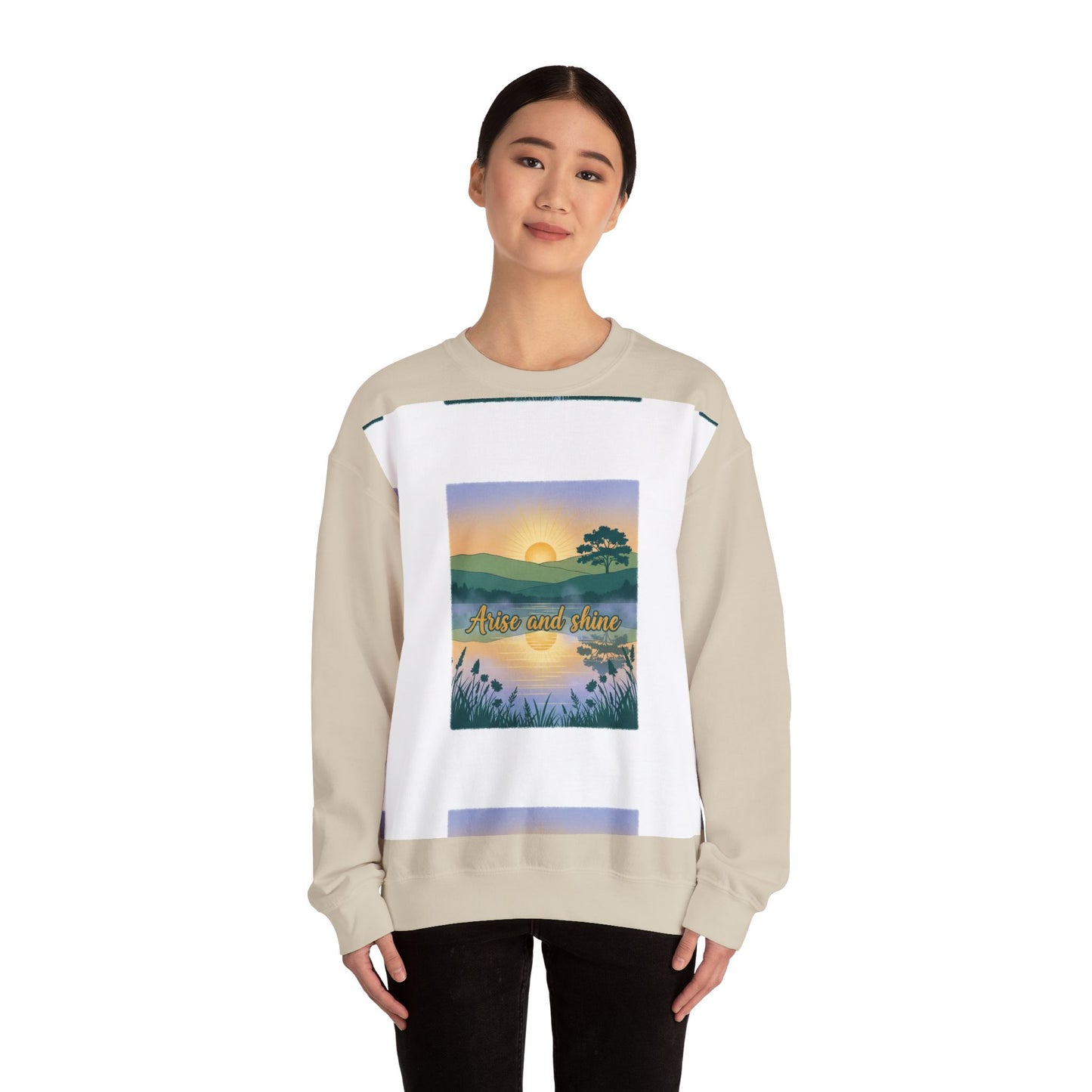 Crewneck Sweatshirt – "Arise and Shine" Sunrise Lake Graphic