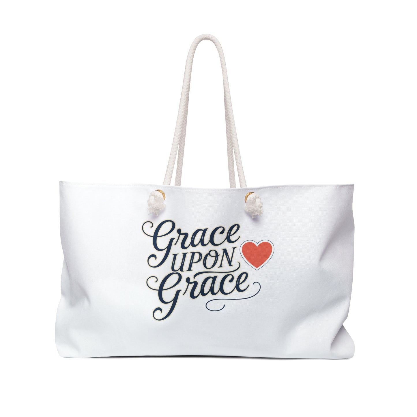 White  Christian Faith tote bag with 'Grace Upon Grace' text and a heart on a white background.