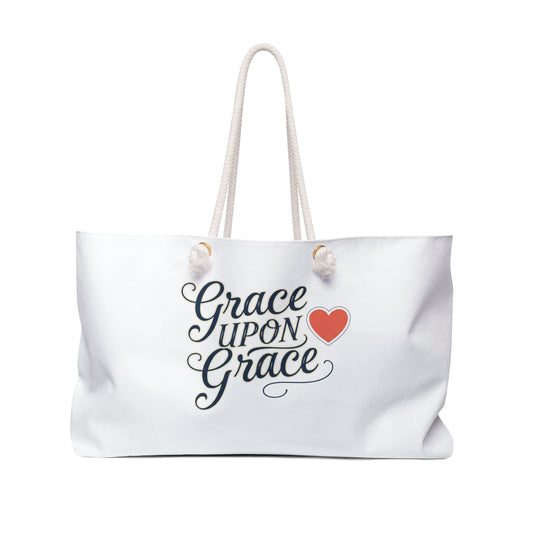 White  Christian Faith tote bag with 'Grace Upon Grace' text and a heart on a white background.