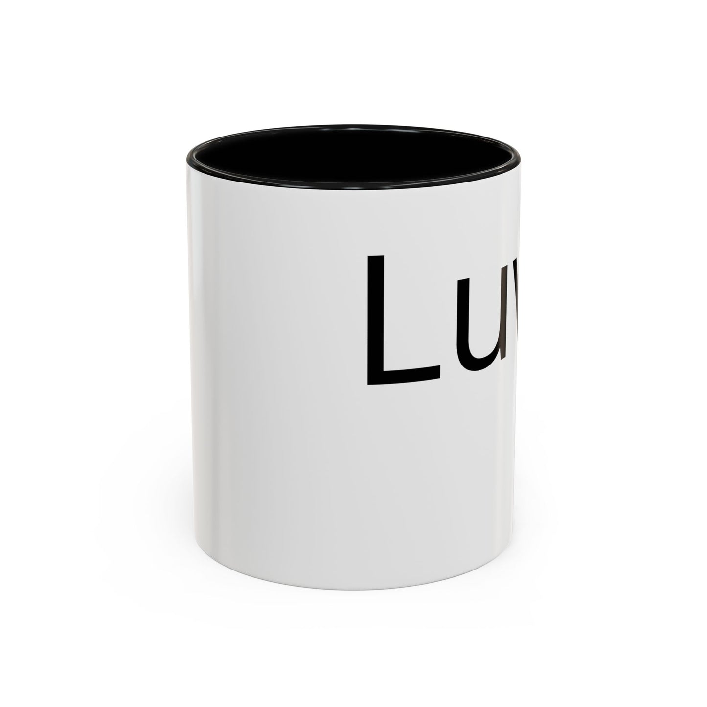 White mug with black interior and handle on a white background