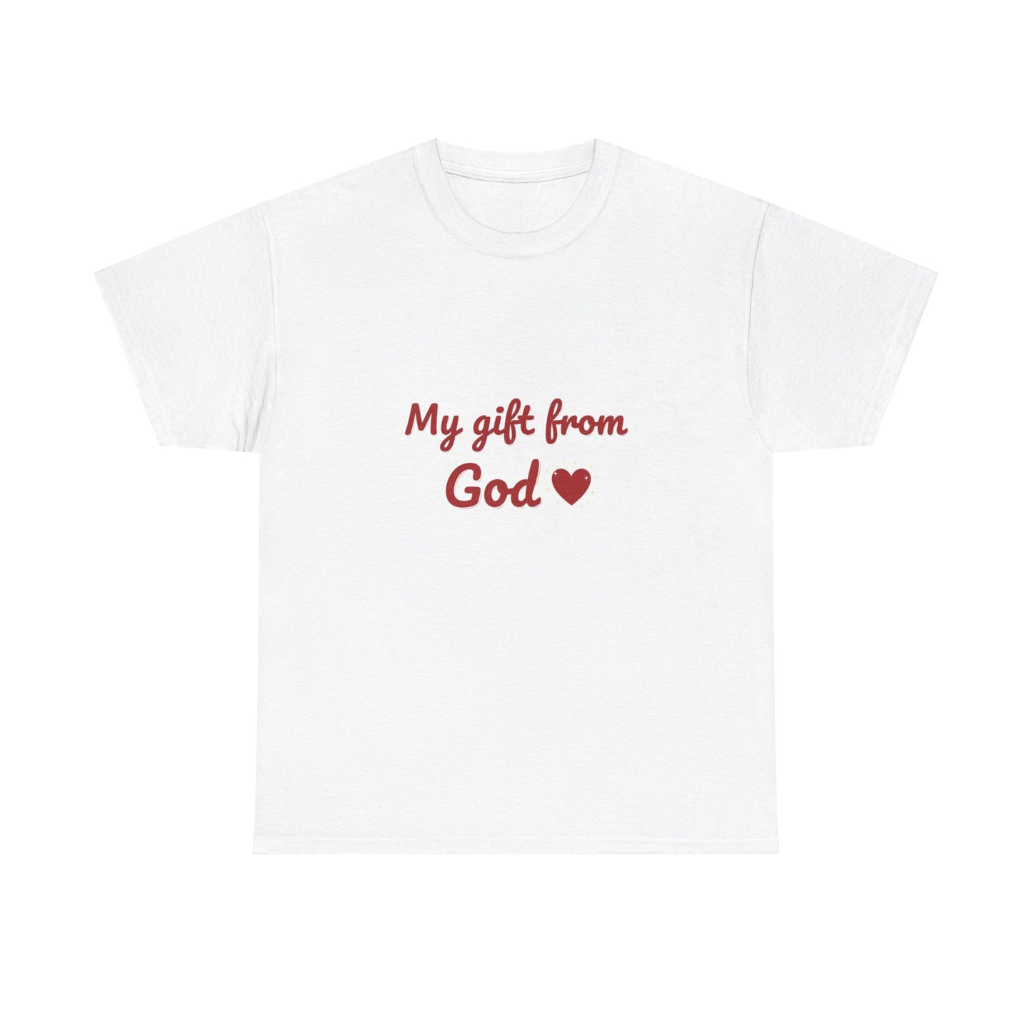 White t-shirt with 'My gift from God' text and heart symbol on a white background