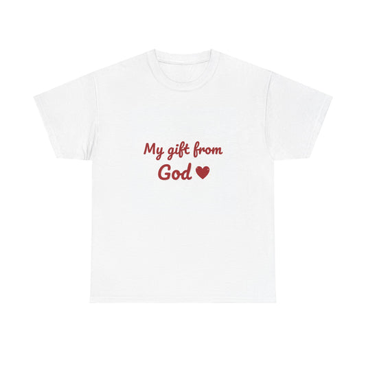 White t-shirt with 'My gift from God' text and heart symbol on a white background