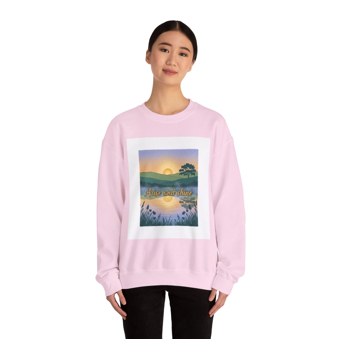 Crewneck Sweatshirt – "Arise and Shine" Sunrise Lake Graphic