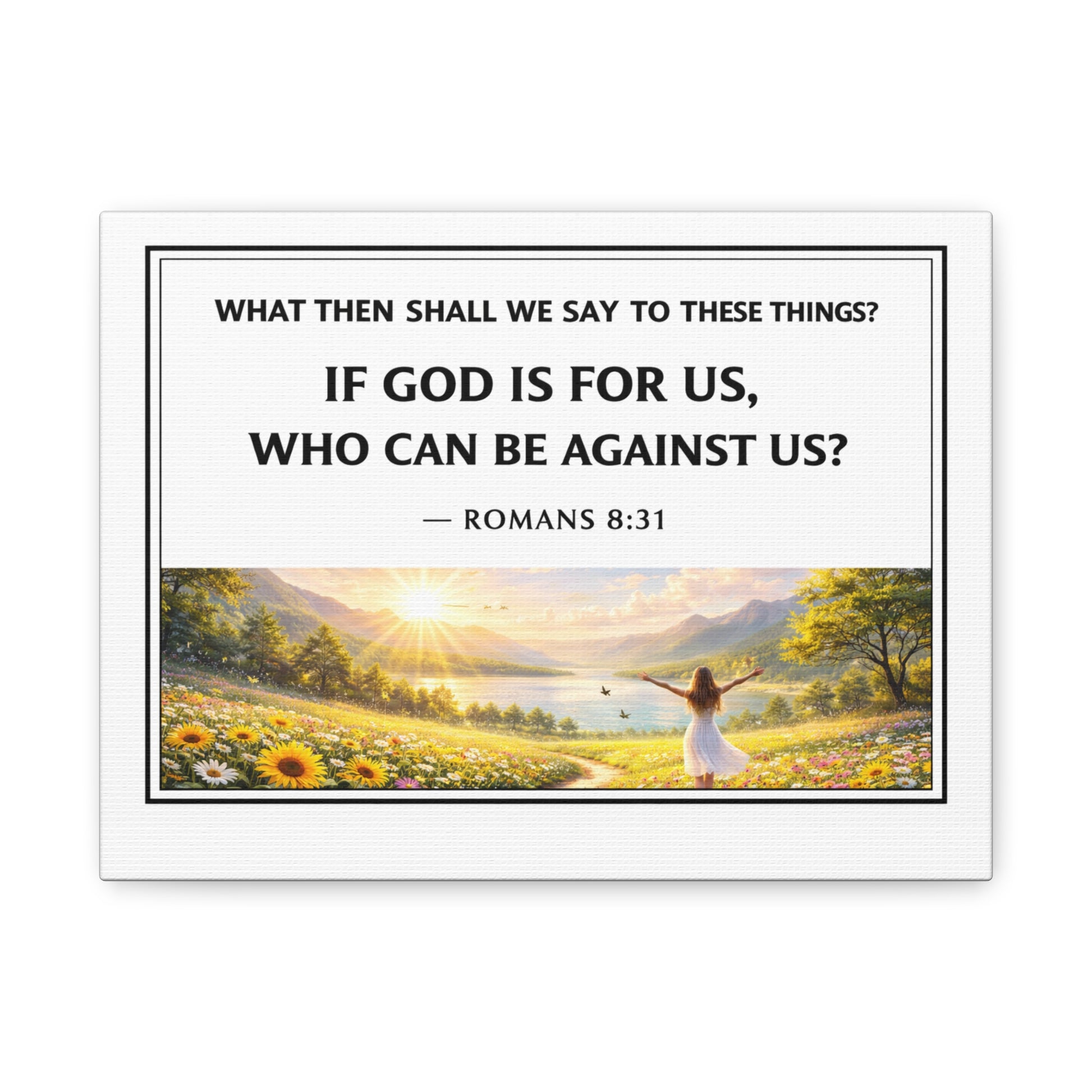 Romans 8:31 canvas wall art with scripture text If God Is For Us Who Can Be Against Us on white matte background