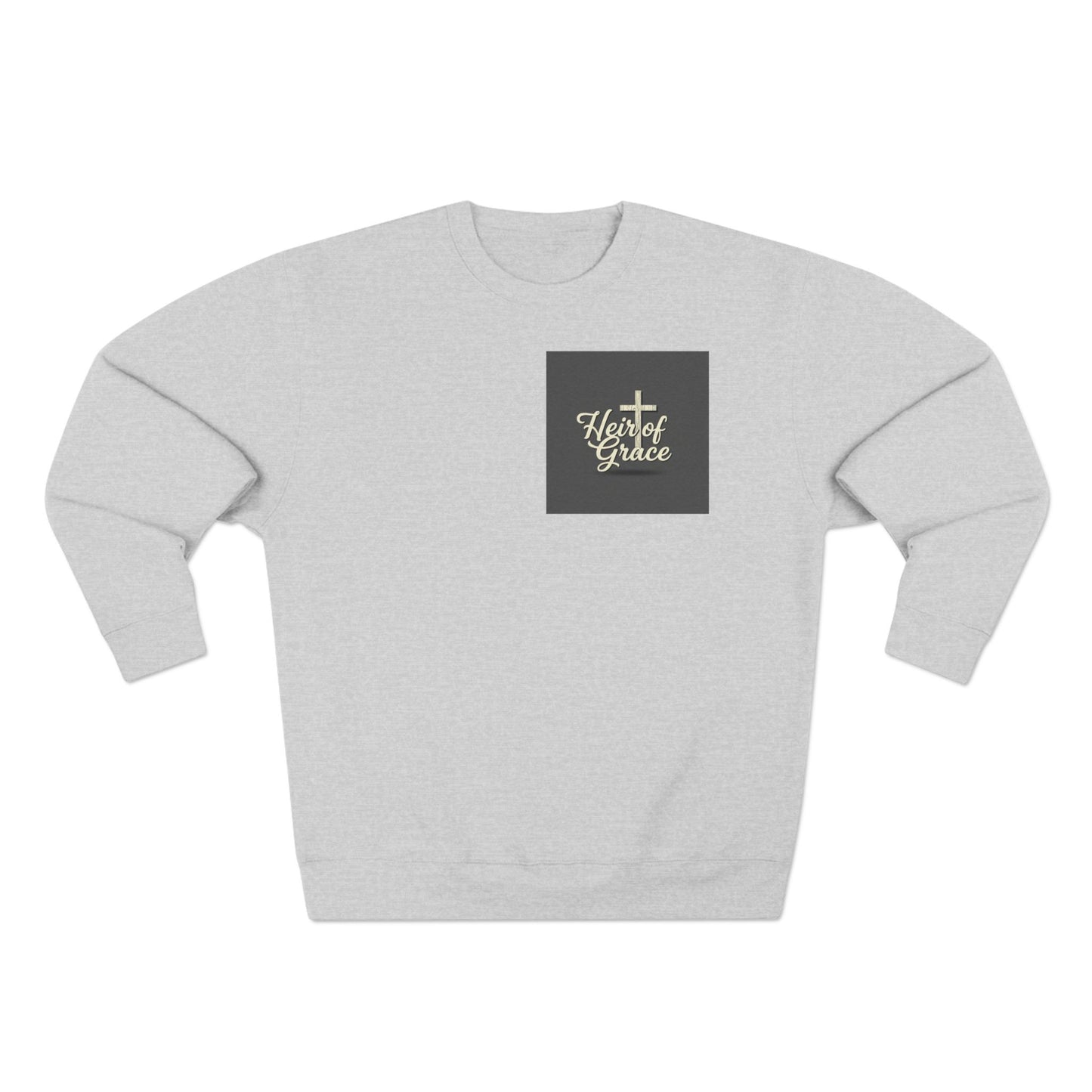 Gray sweatshirt with 'Heir of Grace' text on a white background