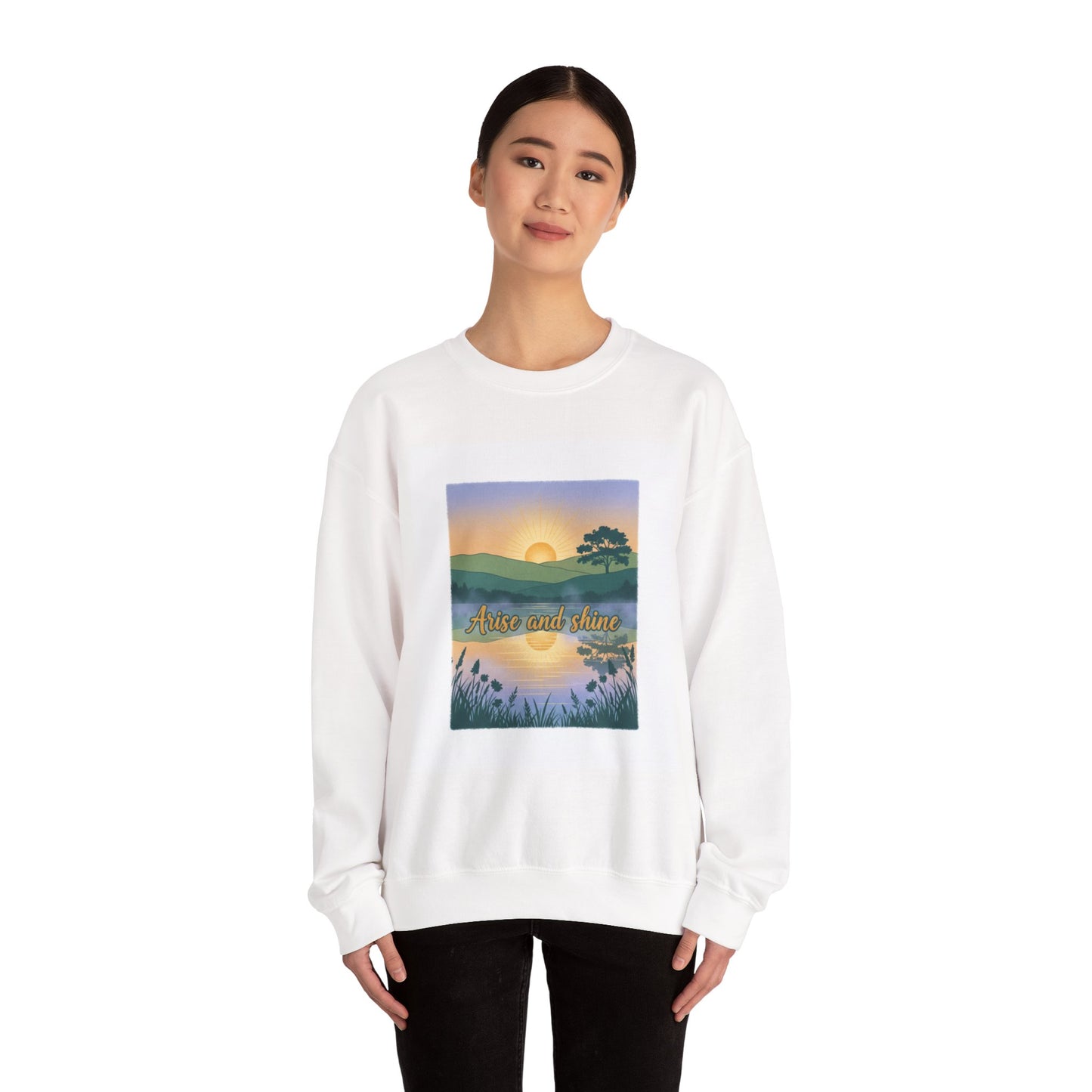 Crewneck Sweatshirt – "Arise and Shine" Sunrise Lake Graphic