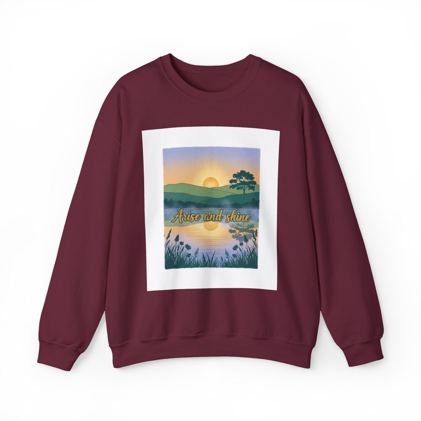 Crewneck Sweatshirt – "Arise and Shine" Sunrise Lake Graphic