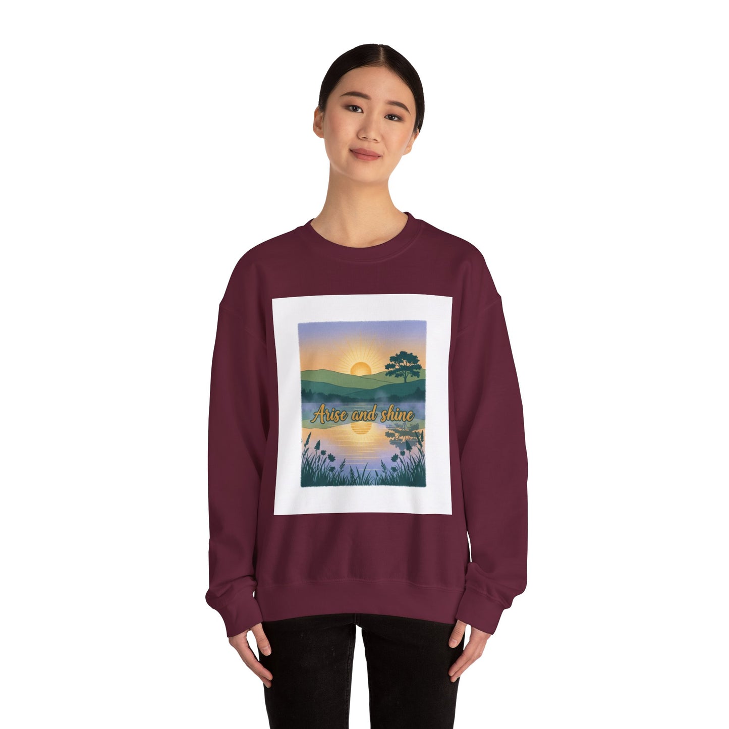 Crewneck Sweatshirt – "Arise and Shine" Sunrise Lake Graphic