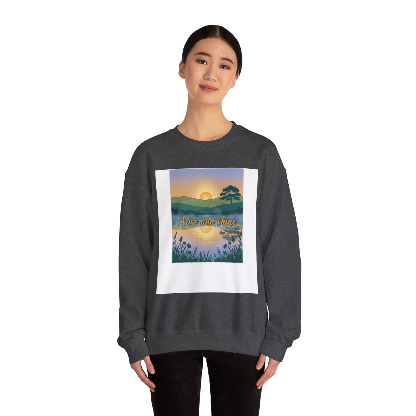 Crewneck Sweatshirt – "Arise and Shine" Sunrise Lake Graphic