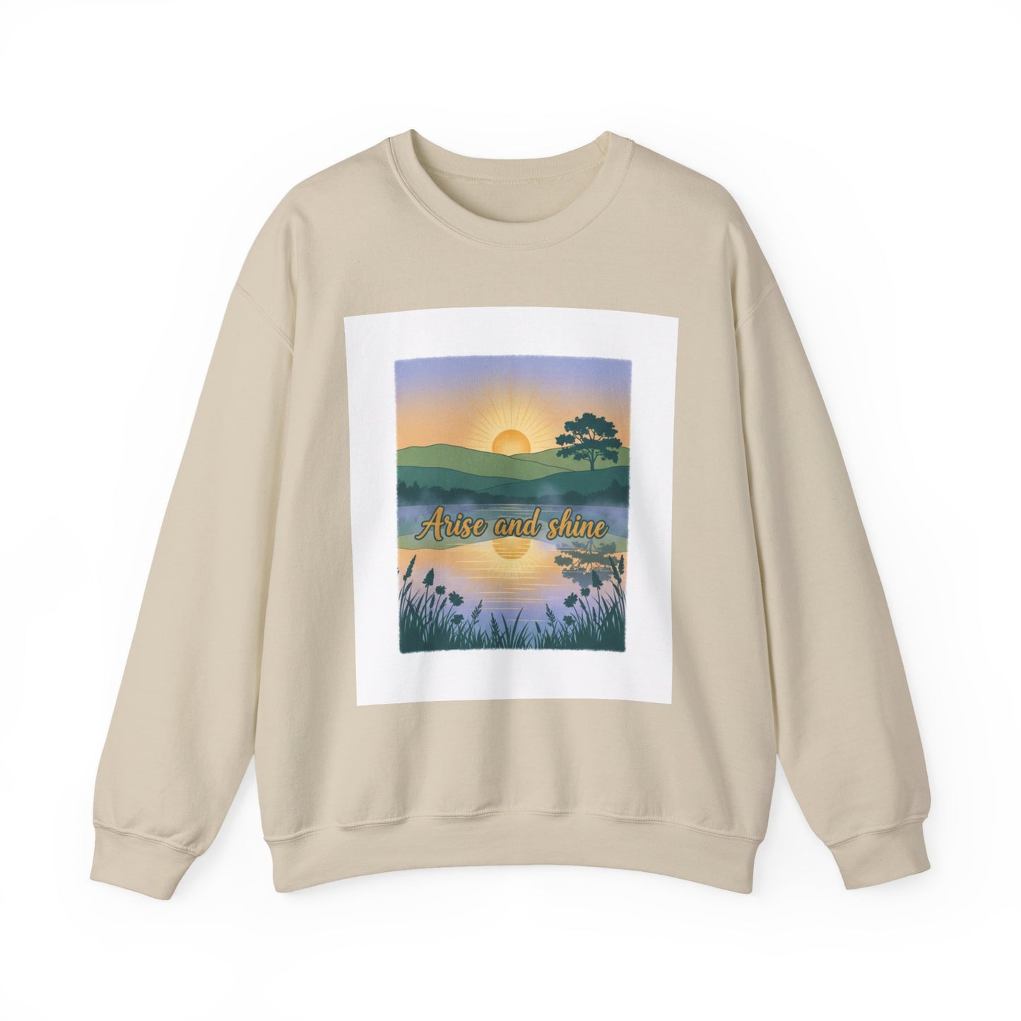 Crewneck Sweatshirt – "Arise and Shine" Sunrise Lake Graphic