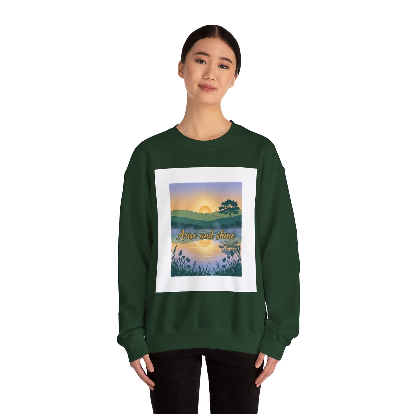 Crewneck Sweatshirt – "Arise and Shine" Sunrise Lake Graphic