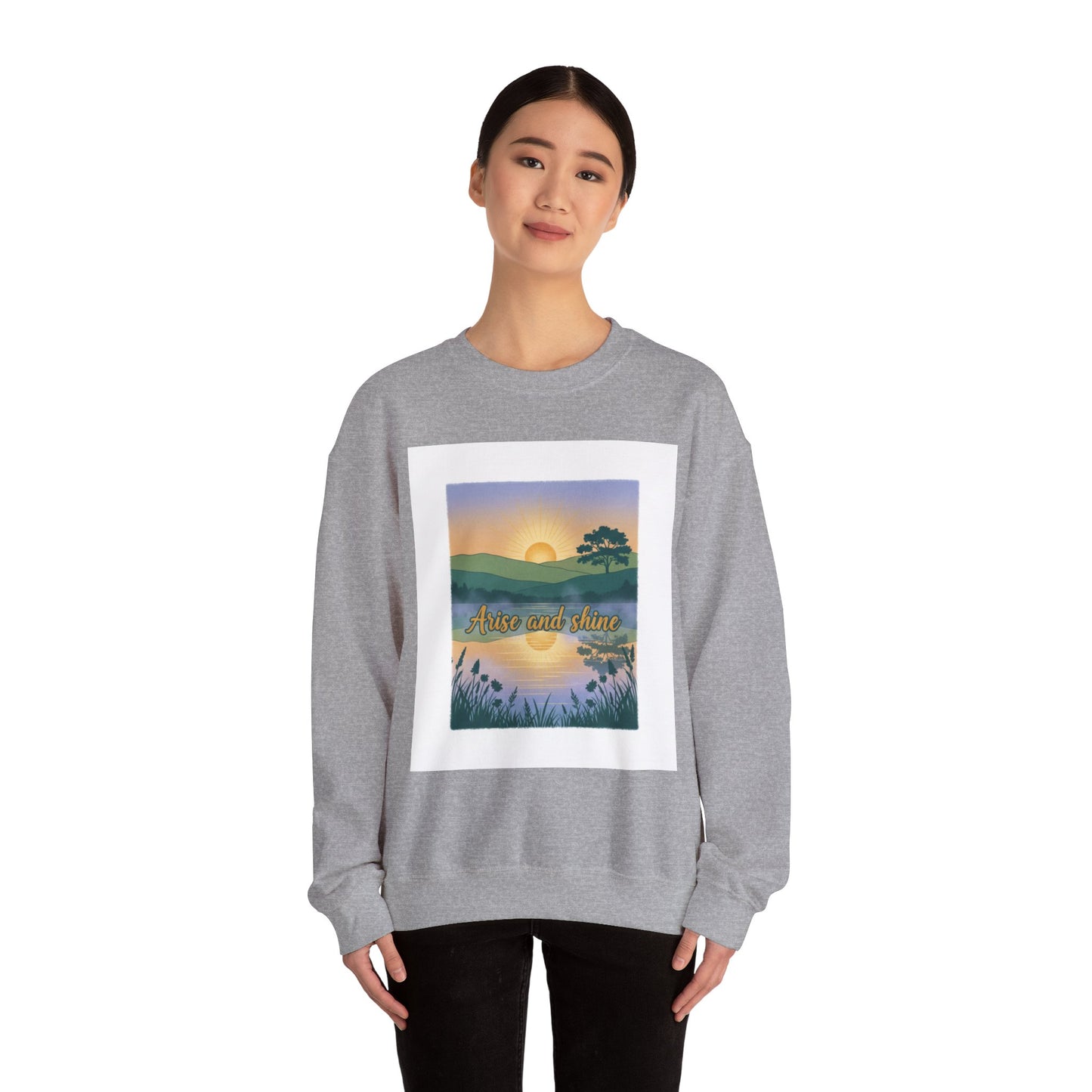 Crewneck Sweatshirt – "Arise and Shine" Sunrise Lake Graphic