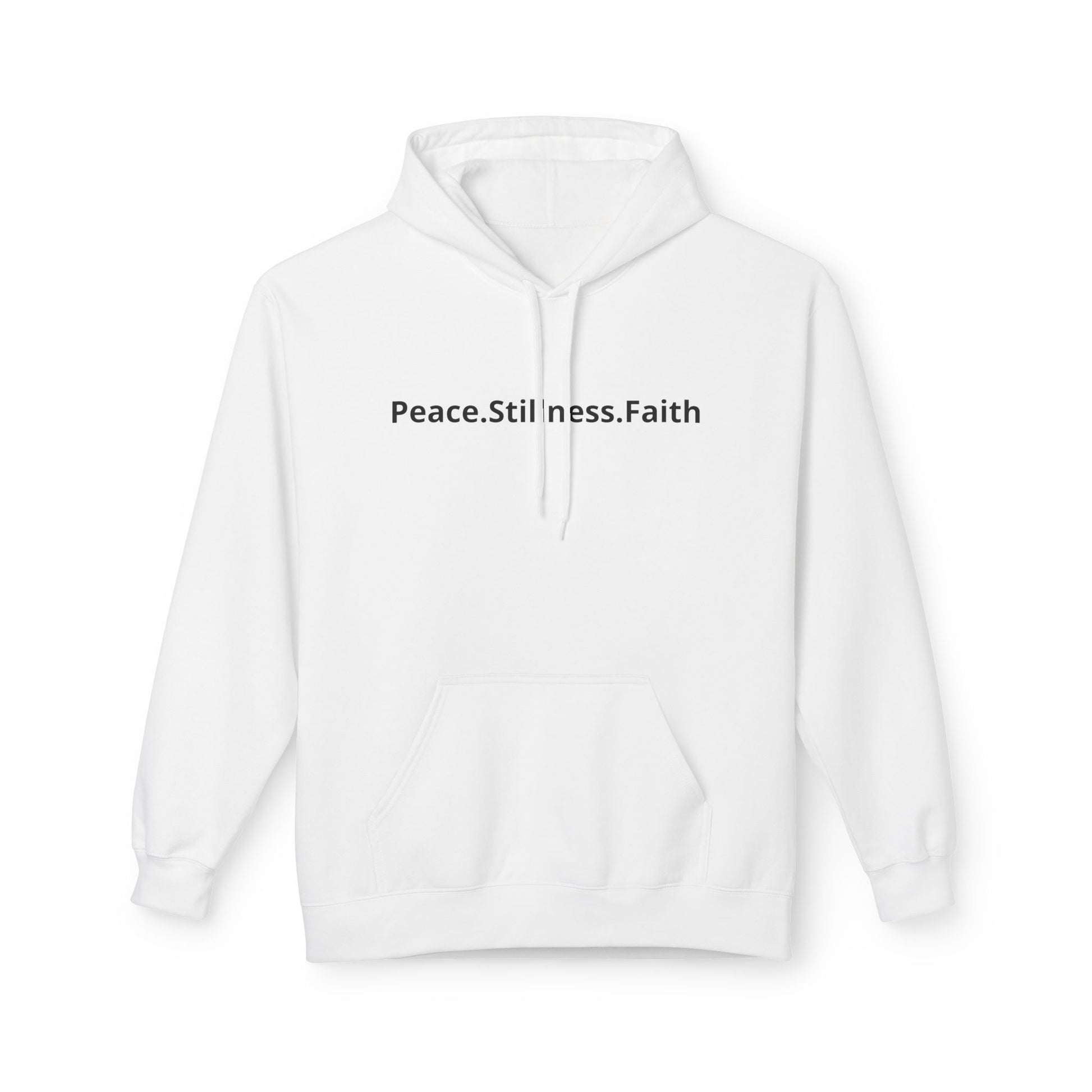 White hoodie with 'Peace. Stillness. Faith' text on a white background