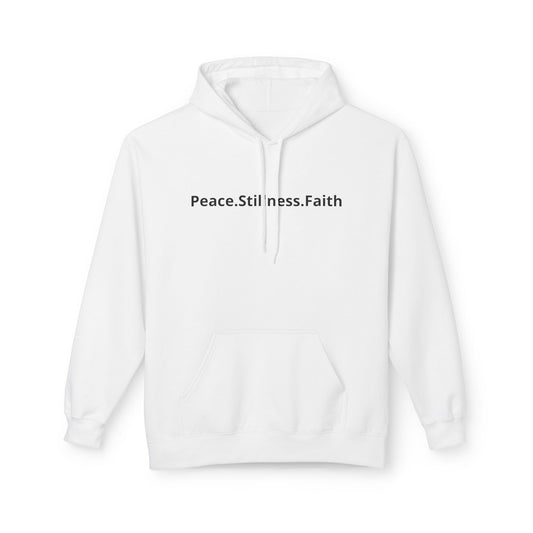 White hoodie with 'Peace. Stillness. Faith' text on a white background