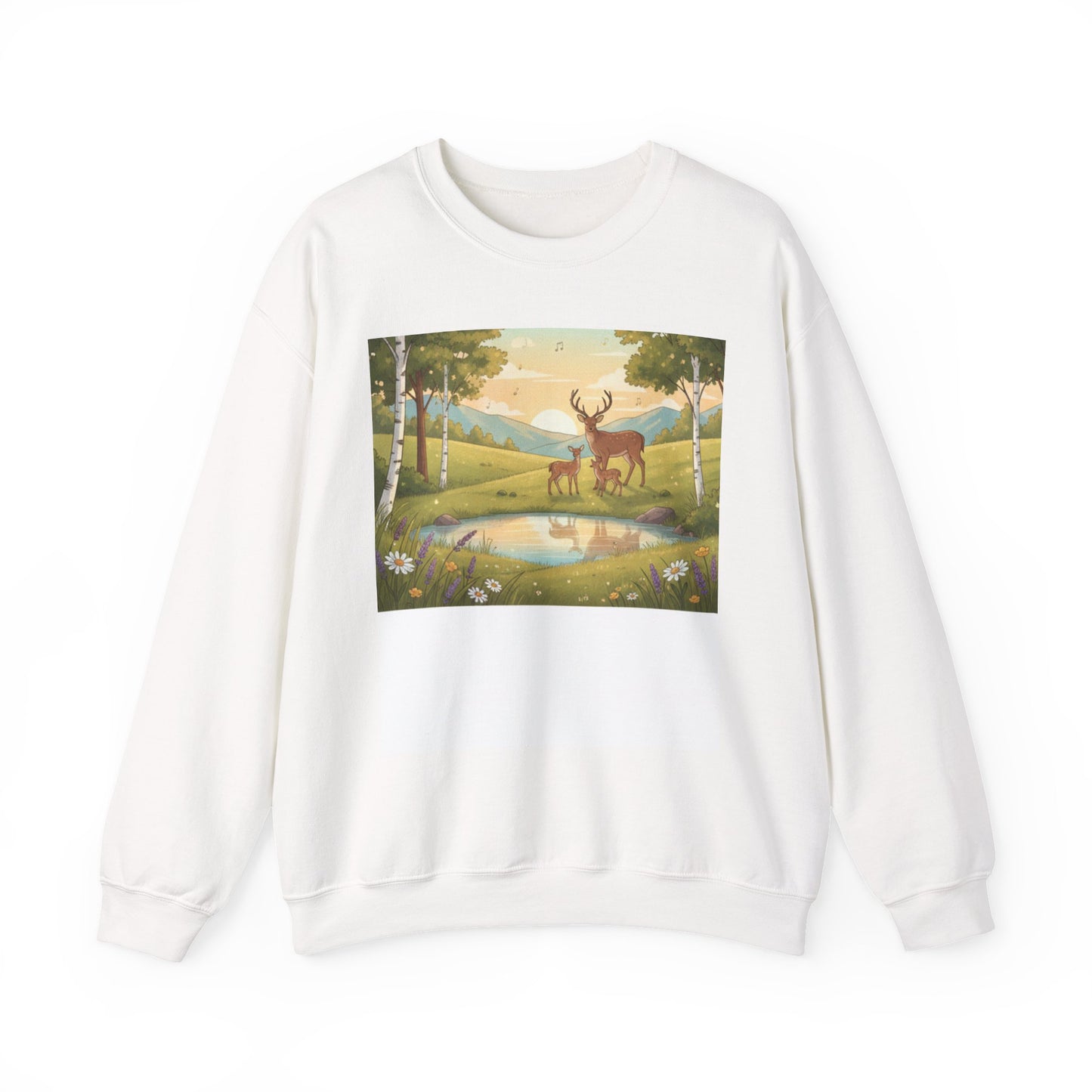 White sweatshirt with a nature scene of deer and a pond on a white background