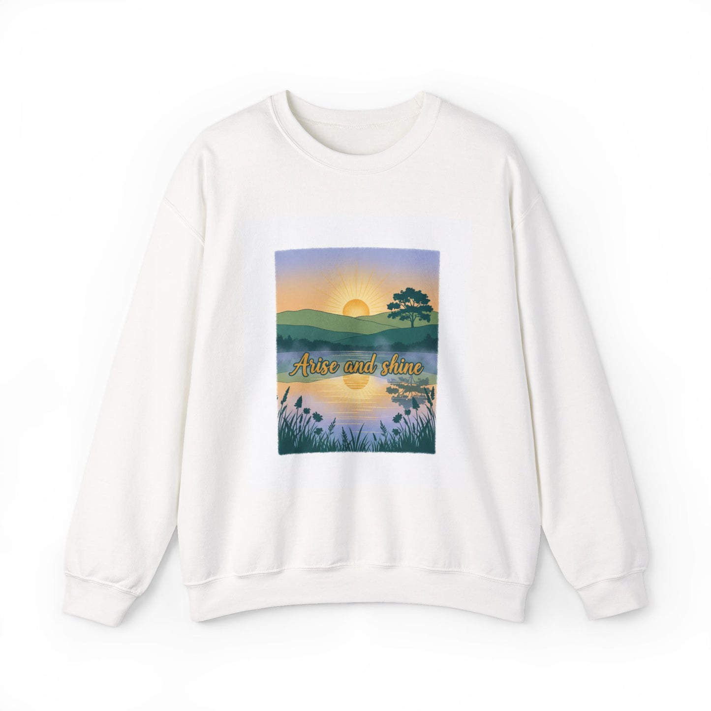 White sweatshirt with a scenic print featuring a sunset and the text 'Arise and shine' on a white background.