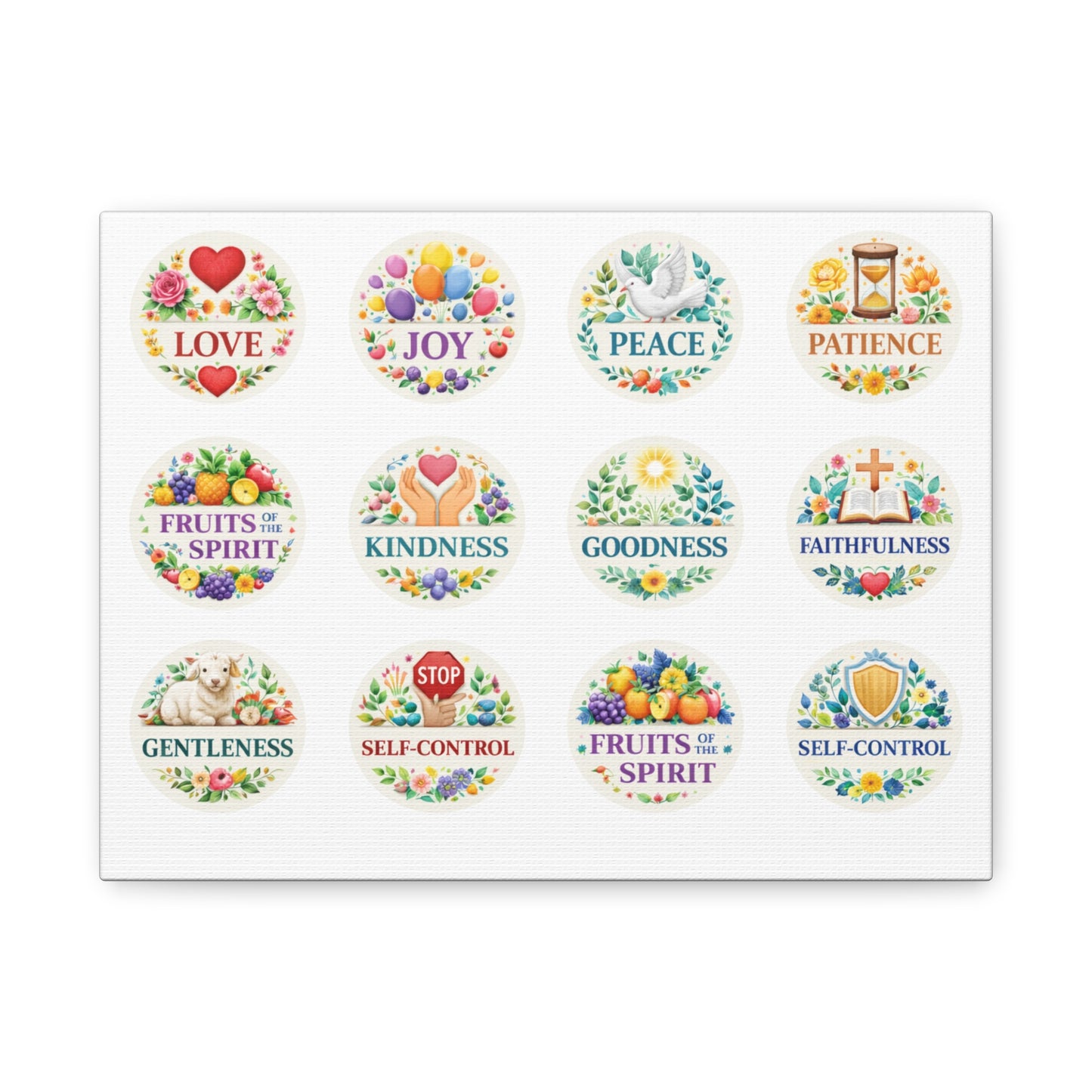 Christian Faith Canvas Wall Art with a listed reminder of the 9 fruits of the Holy Spirit.