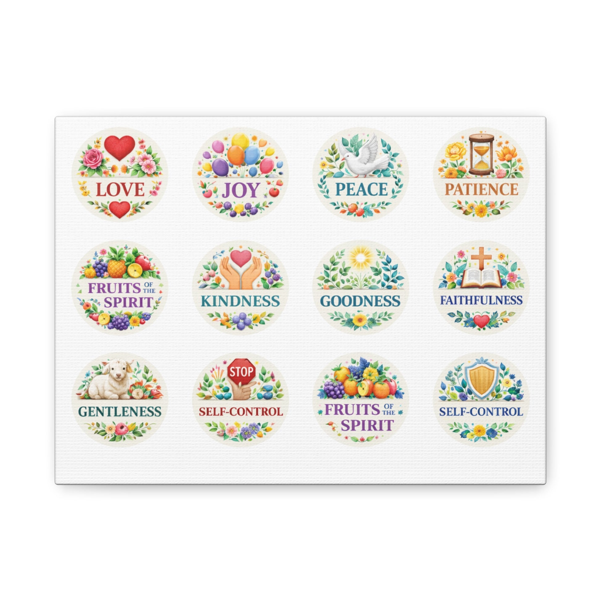 Christian Faith Canvas Wall Art with a listed reminder of the 9 fruits of the Holy Spirit.