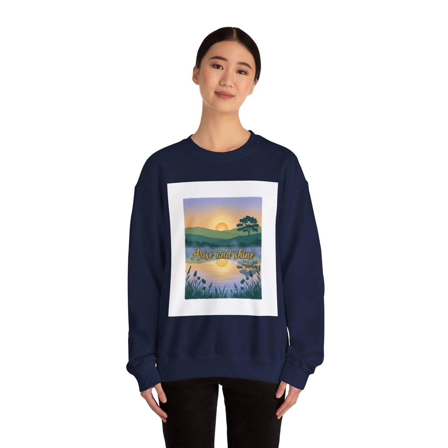 Crewneck Sweatshirt – "Arise and Shine" Sunrise Lake Graphic
